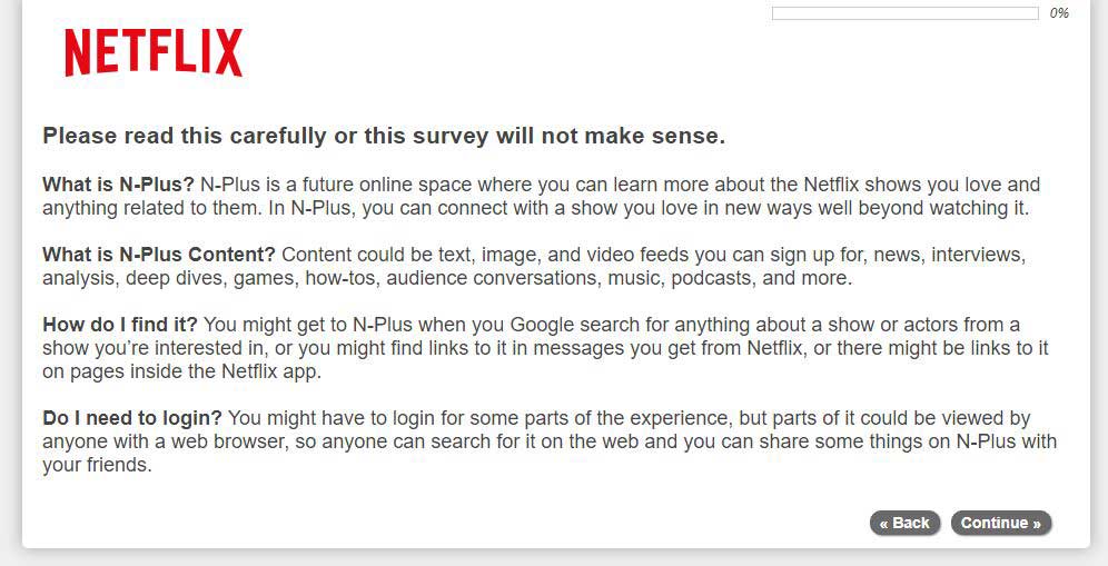 Netflix N-Plus Survey Screenshot